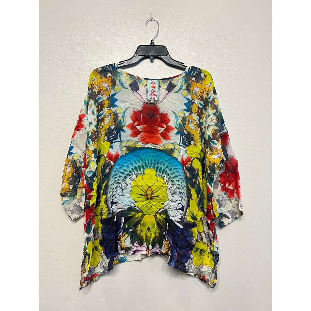 Johnny Was Womens XL Floral Cupra Rayon Blouse Multi Color Boho Oversized Top